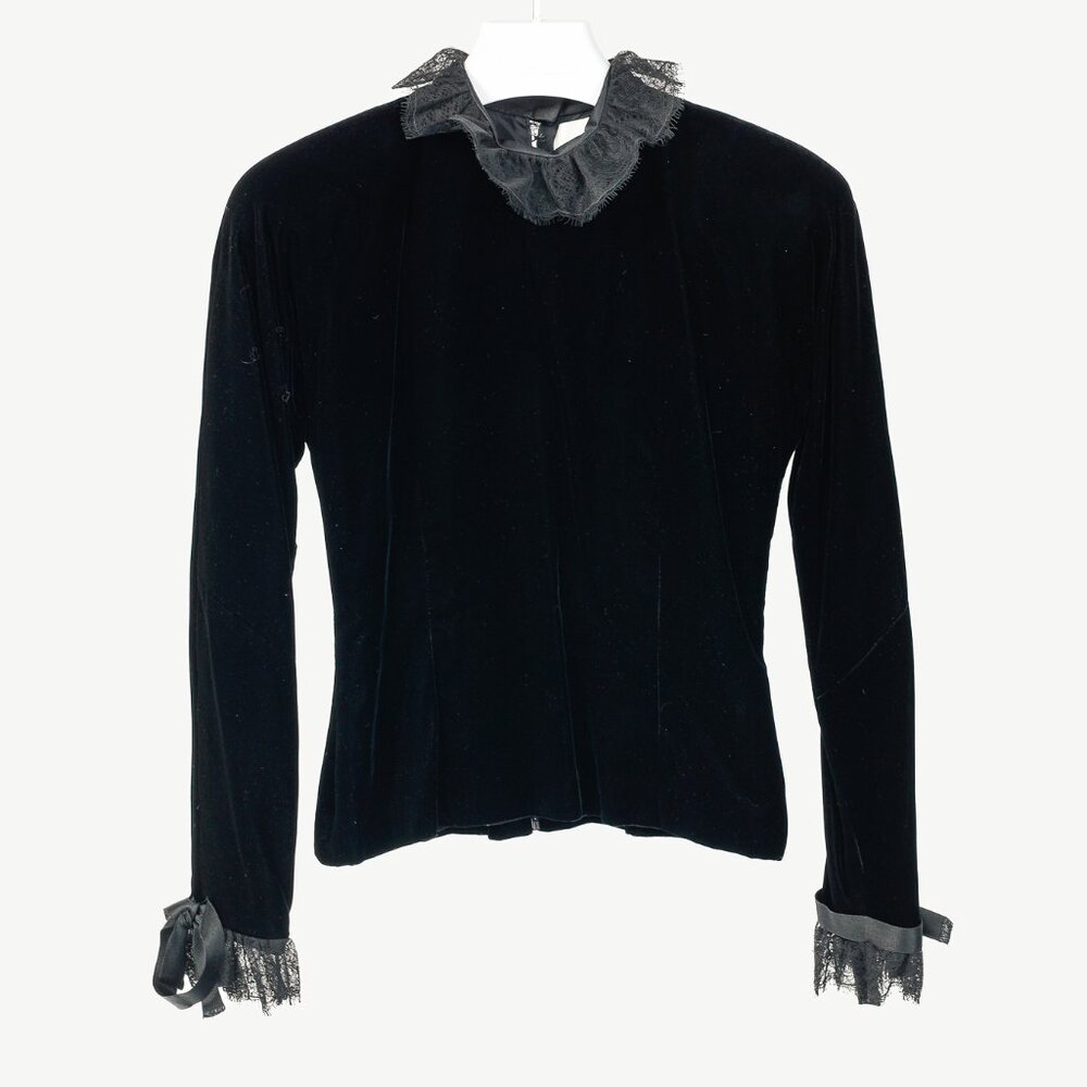 Carolyne Roehm Vintage Black Velvet Lace-Trim Top